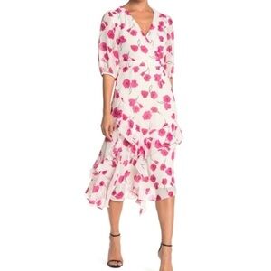 Gabby Skye Floral Ruffled Chiffon Midi Dress,White/Pink Size 4